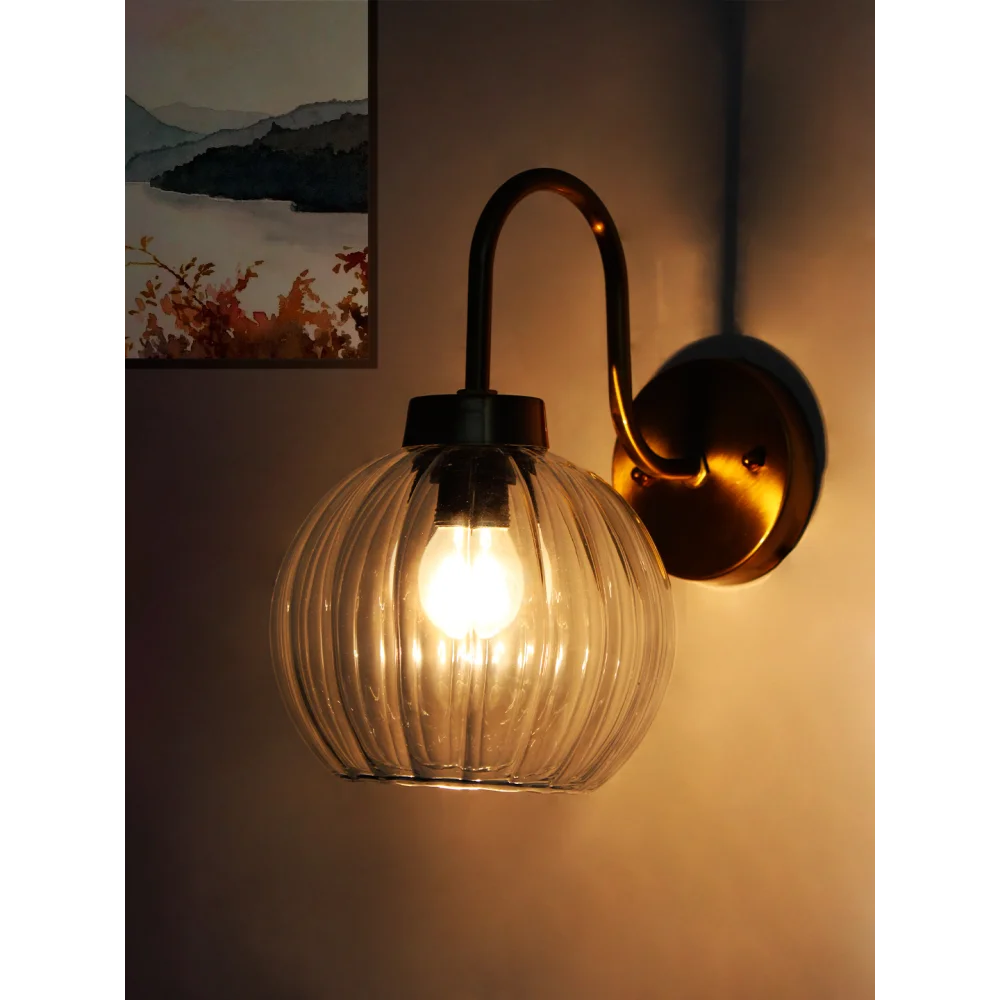 Modern Brass Wall Sconce Clear Ribbed Glass Light | SKE-140063_MBWSCRGL