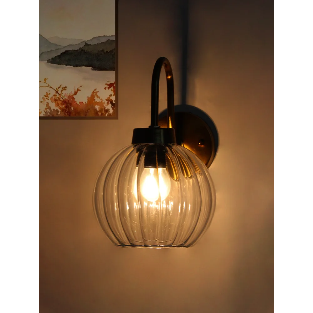 Modern Brass Wall Sconce Clear Ribbed Glass Light | SKE-140063_MBWSCRGL