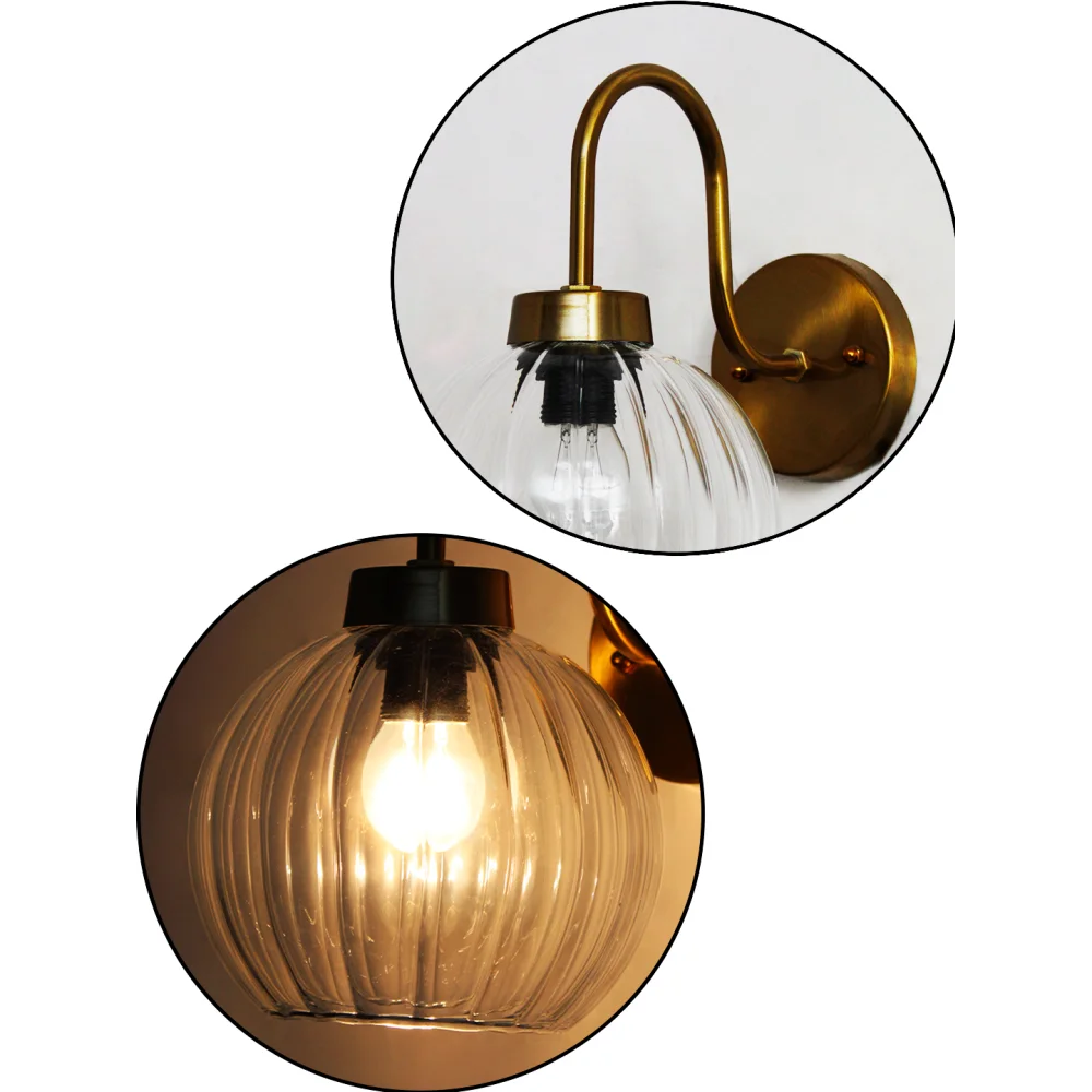Modern Brass Wall Sconce Clear Ribbed Glass Light | SKE-140063_MBWSCRGL