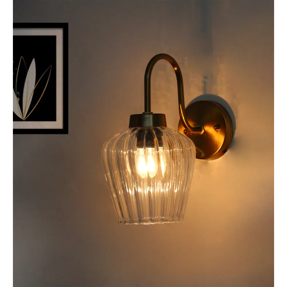 Fluted Clear Down Tulip Shape Brass Wall Light with E27 Holder | SKE-140063-FCDTG-WL