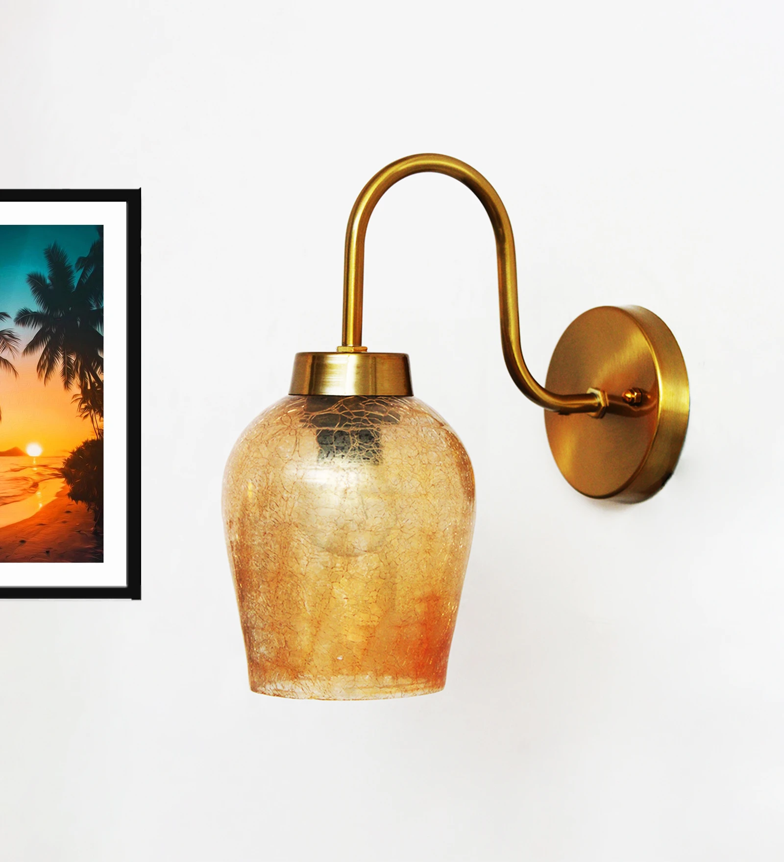 Amber Crackle Glass Wall Light With Down Curved Arm | SKE-140063-ACG-WL