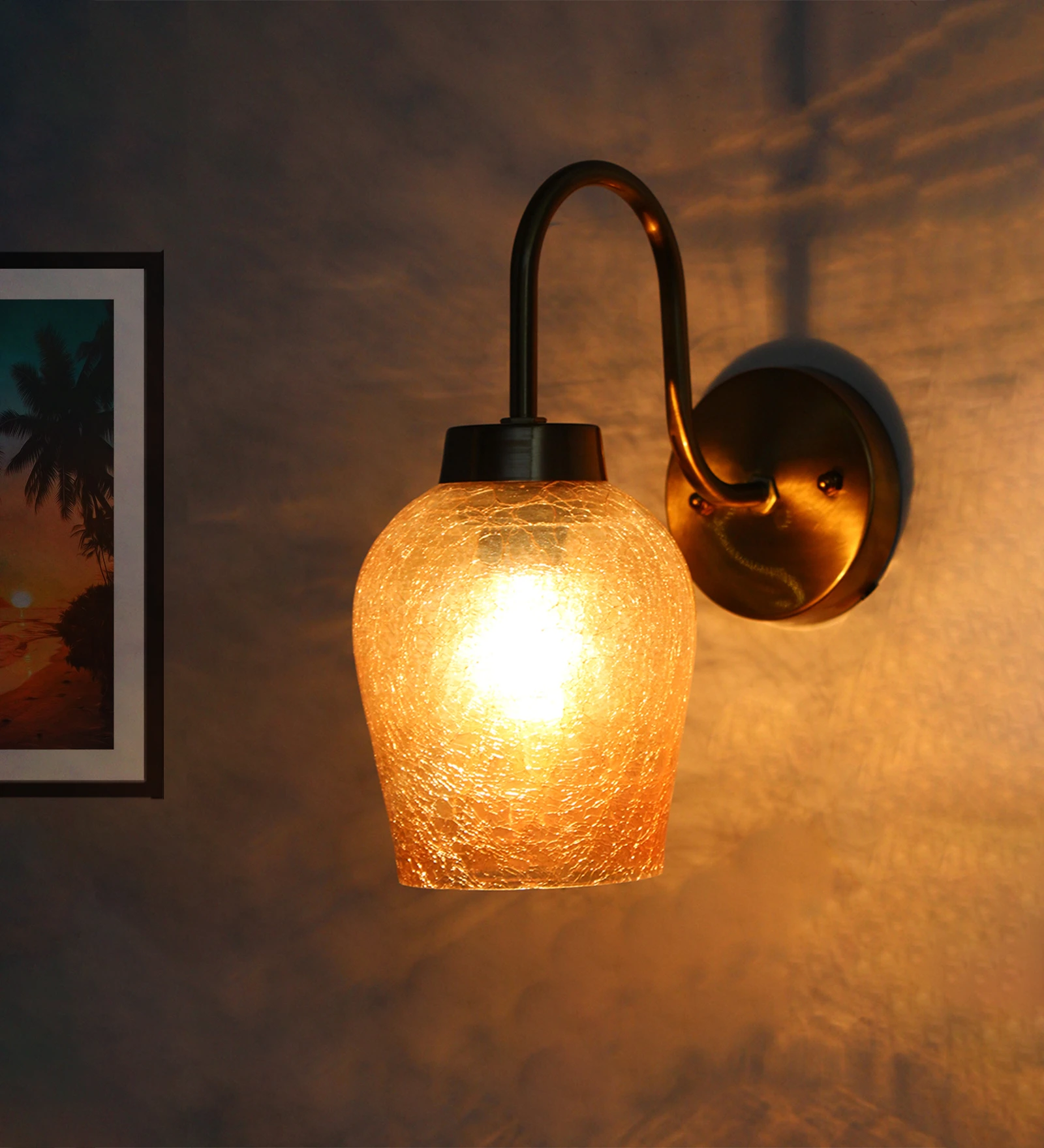 Amber Crackle Glass Wall Light With Down Curved Arm | SKE-140063-ACG-WL