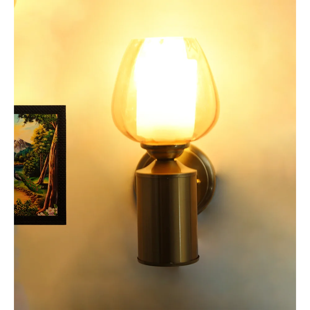 Brushed Brass Wall Sconce with Amber Glass Shade | SKE-140036-BAWS