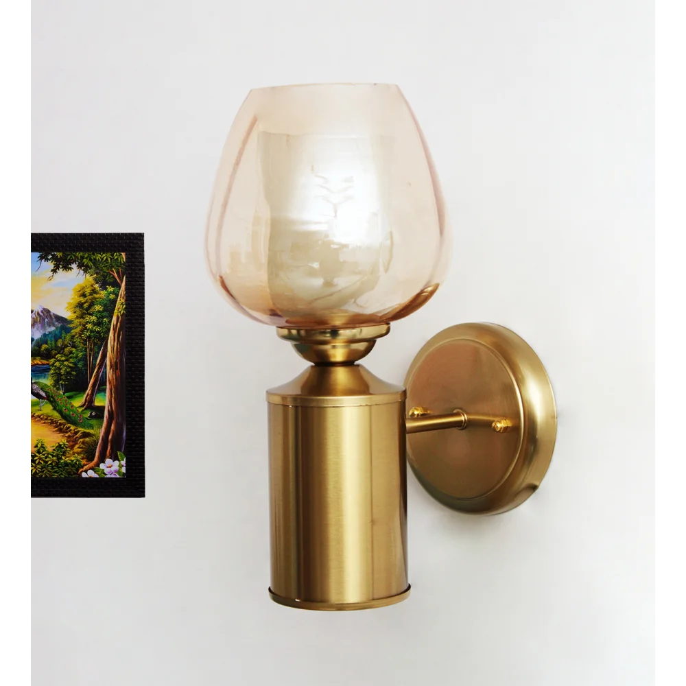 Brushed Brass Wall Sconce with Amber Glass Shade | SKE-140036-BAWS