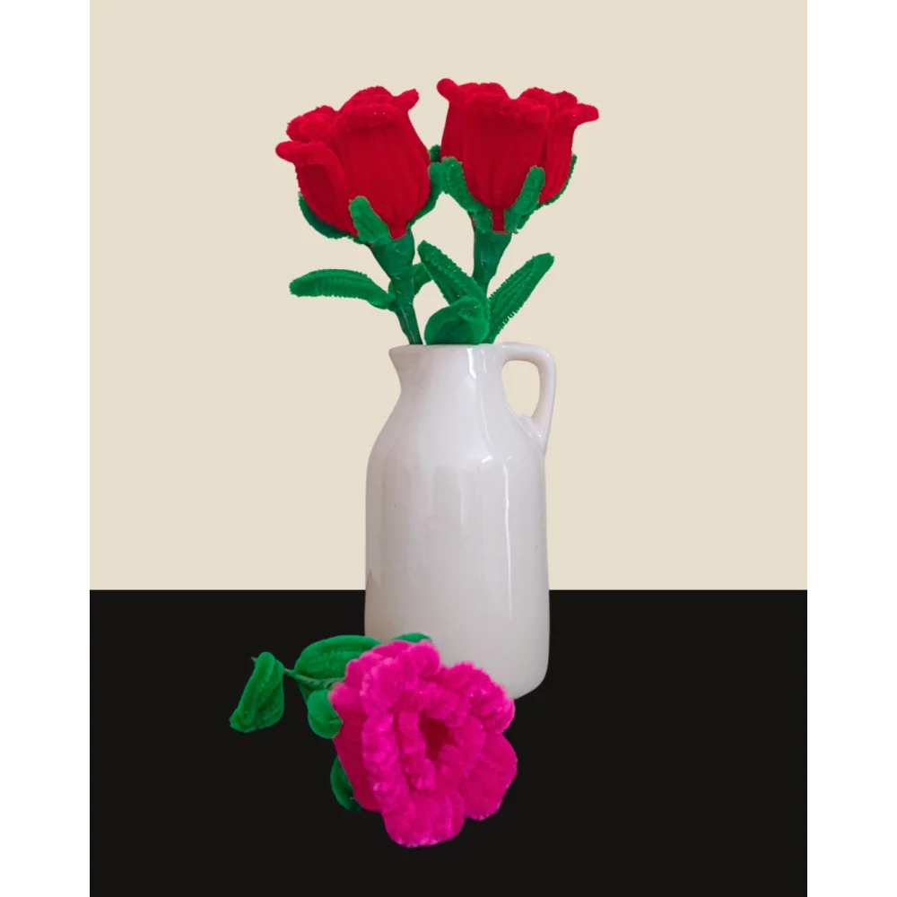 Handmade Red & Pink Rose Artificial Flower Set | Pipe Cleaner Floral Stems with Green Leaves for Vase & Home Decor