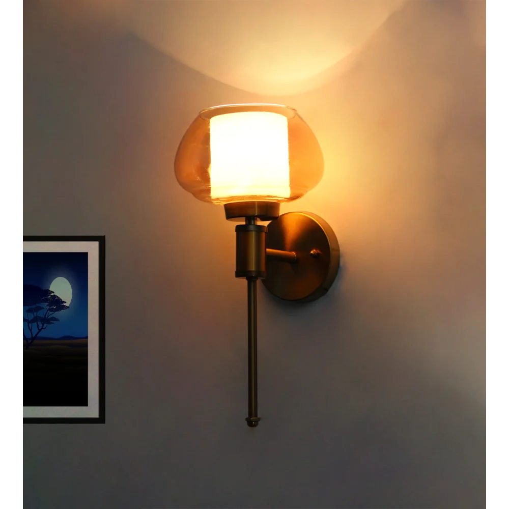 Vintage Brass Wall Sconce with Kachori Amber Glass Shade | SKE-140010-SKAG