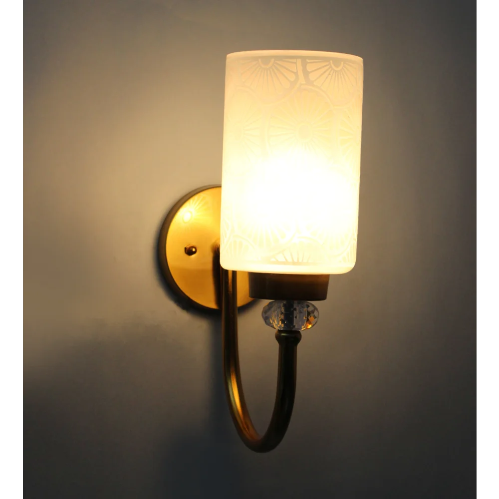 Elegant Golden Finish Wall Sconce with Floral Design Glass | SKE-140043_FDG