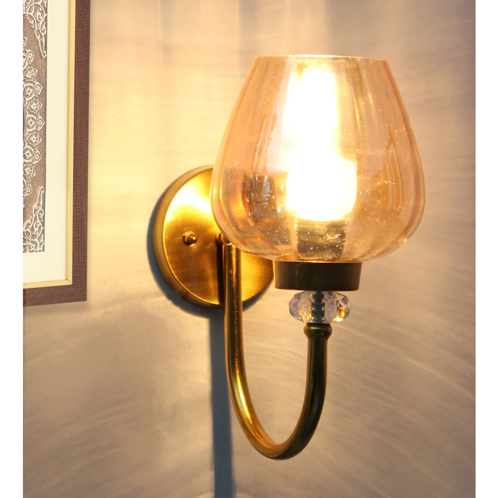 Luxury Vintage Golden Finish Wall Sconce with Amber Glass | SKE-140043_LVGF