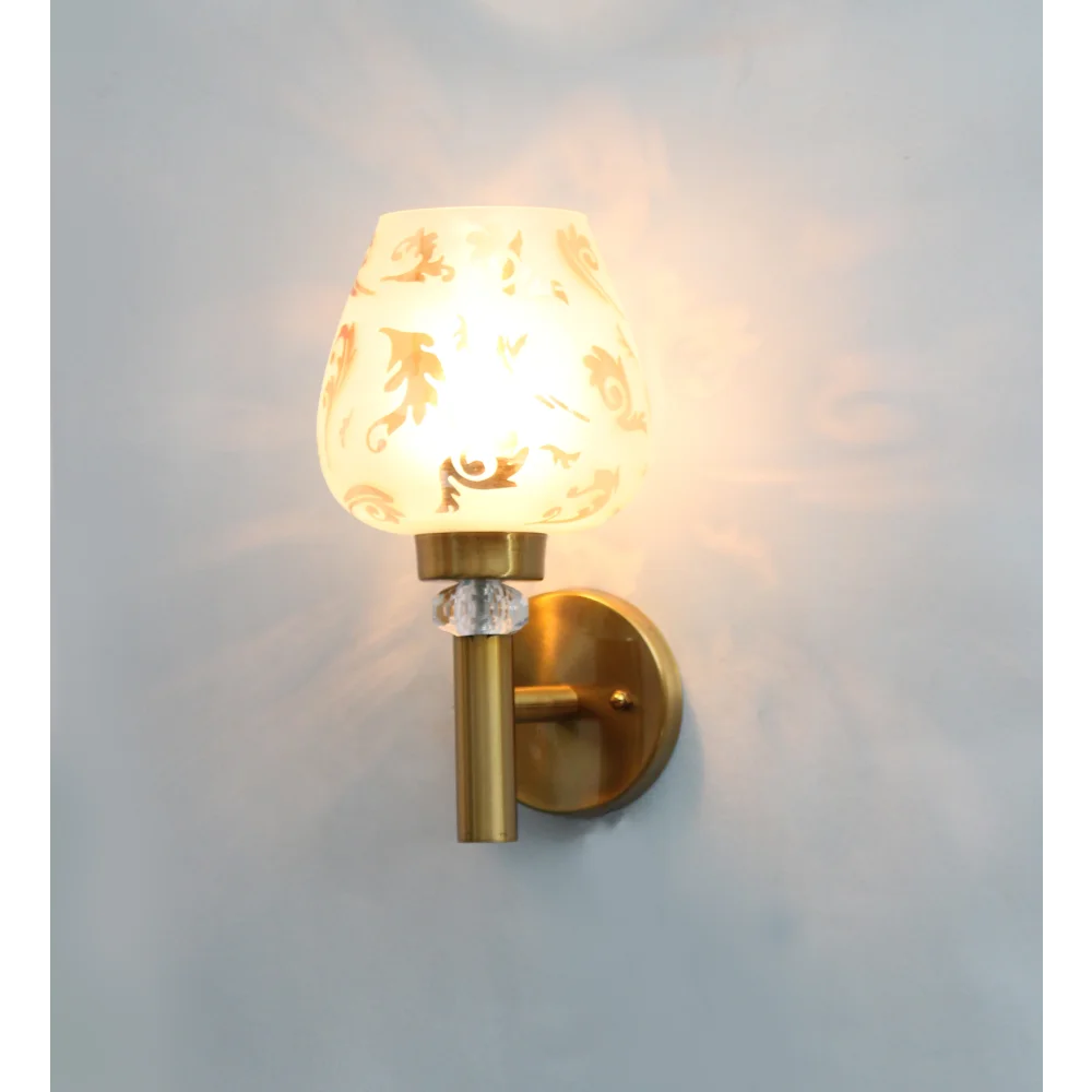 Elegant Golden Finish Wall Light with Floral Design Glass | SKE-140041