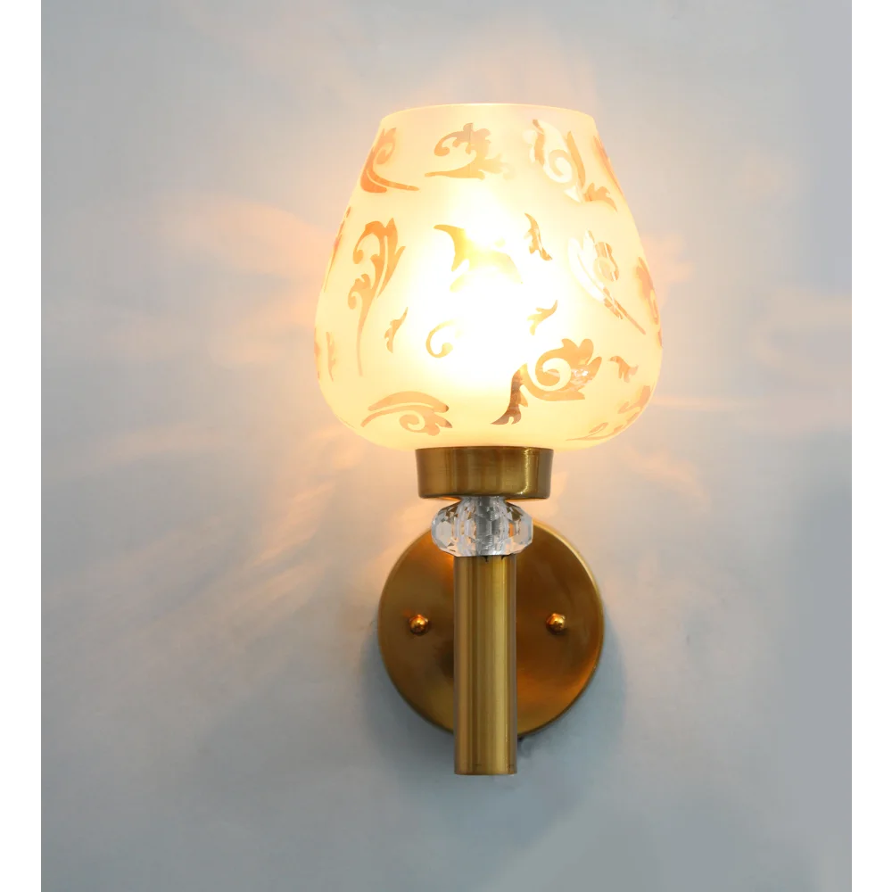 Elegant Golden Finish Wall Light with Floral Design Glass | SKE-140041