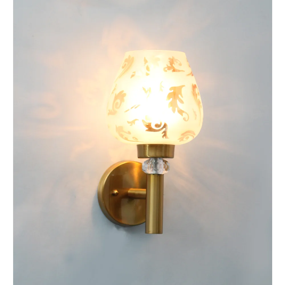 Elegant Golden Finish Wall Light with Floral Design Glass | SKE-140041