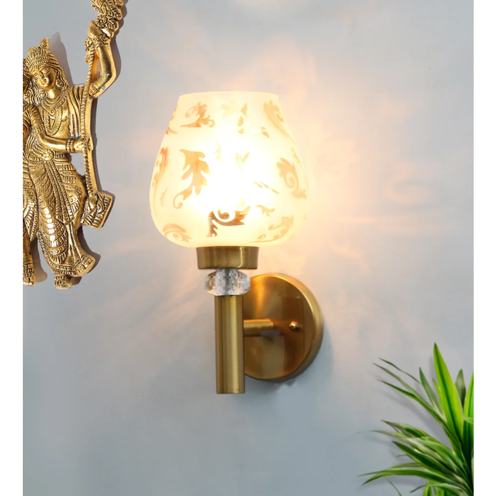 Elegant Golden Finish Wall Light with Floral Design Glass | SKE-140041