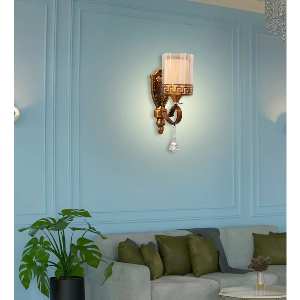 Antique Brass Wall Sconce with Clear Glass With Crystal Pendant | SKE-140027-ABWS