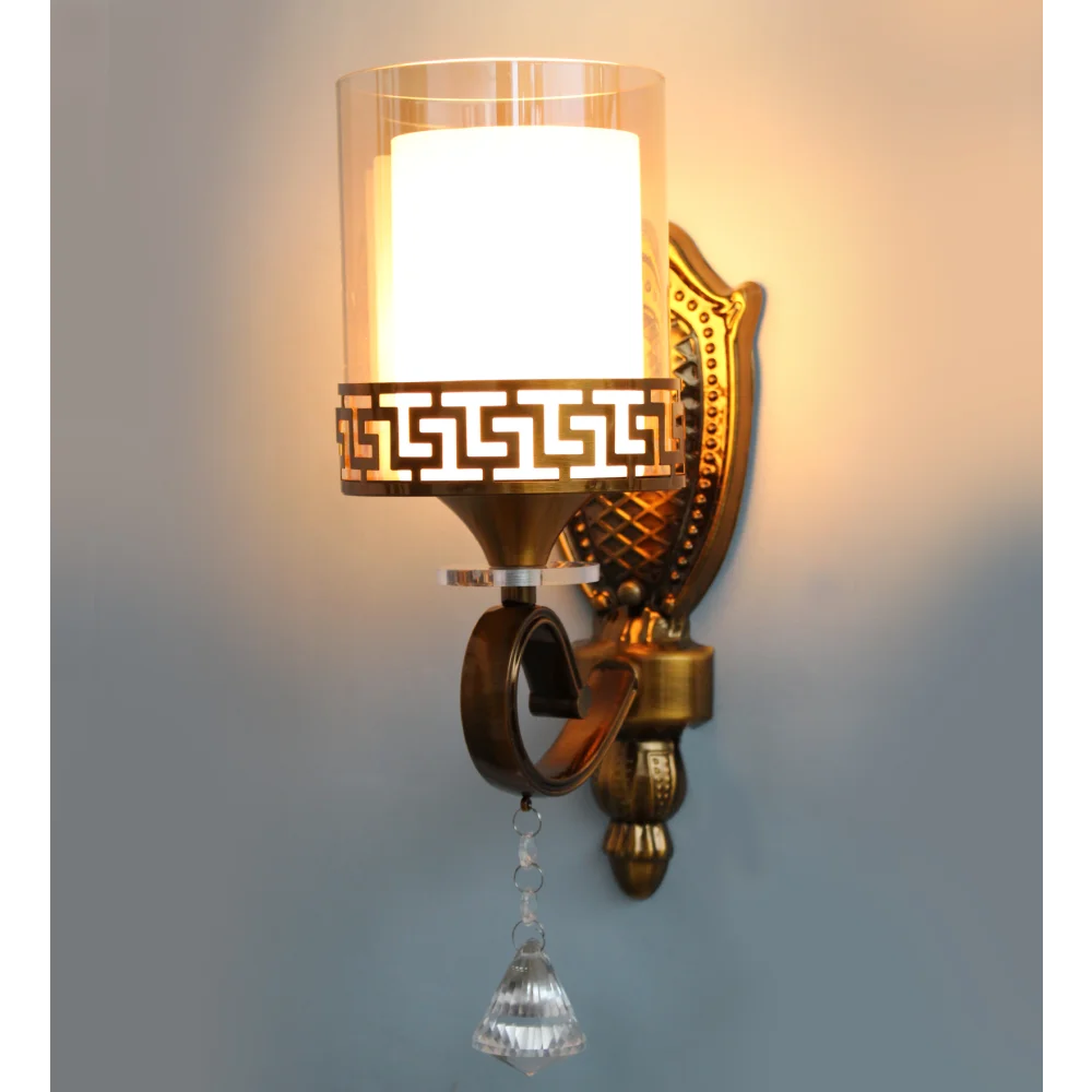 Antique Brass Wall Sconce with Clear Glass With Crystal Pendant | SKE-140027-ABWS