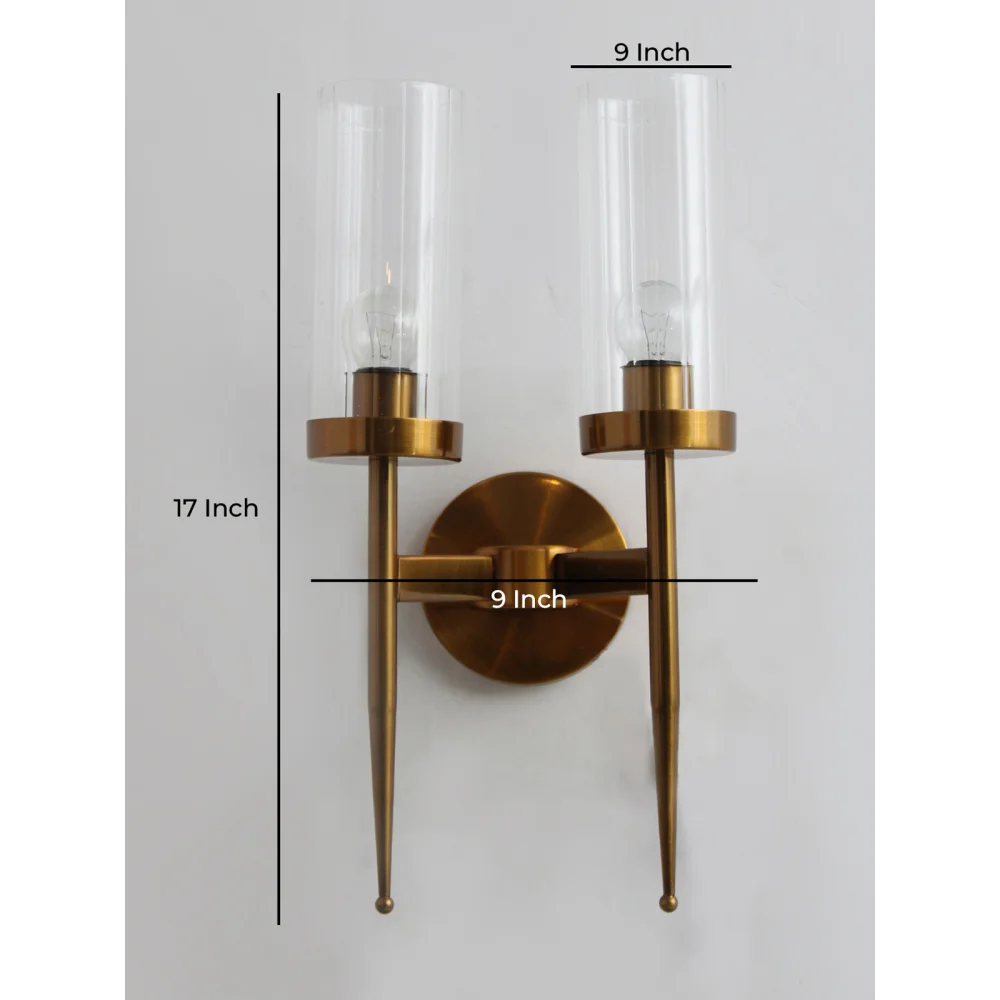 Golden Finish Wall Light With Cylindrical Dual Arm | Clear Glass | SKE-140002/2 GFWL