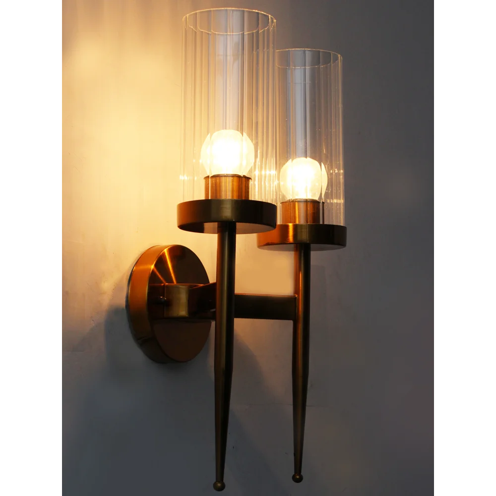 Golden Finish Wall Light With Cylindrical Dual Arm | Clear Glass | SKE-140002/2 GFWL