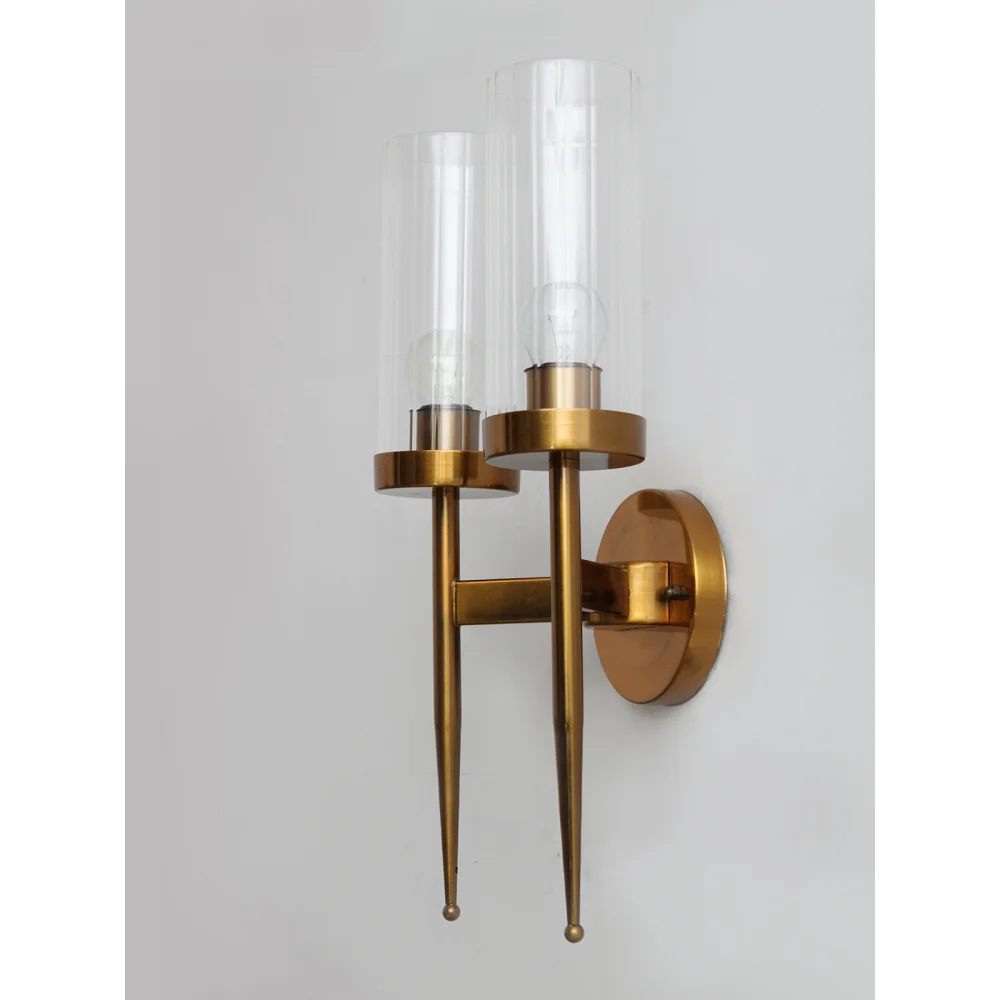 Golden Finish Wall Light With Cylindrical Dual Arm | Clear Glass | SKE-140002/2 GFWL