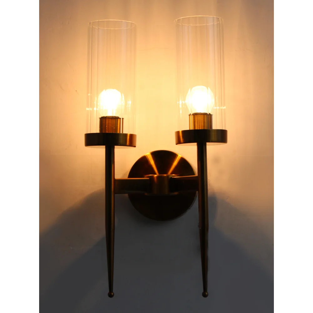 Golden Finish Wall Light With Cylindrical Dual Arm | Clear Glass | SKE-140002/2 GFWL