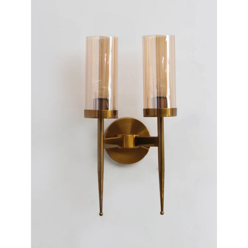 Modern Golden Finish Wall Light With Cylindrical Dual Arm Amber Color Glass Shades | SKE-140002/2 MGFW