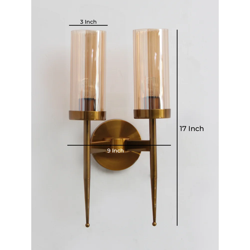 Modern Golden Finish Wall Light With Cylindrical Dual Arm Amber Color Glass Shades | SKE-140002/2 MGFW