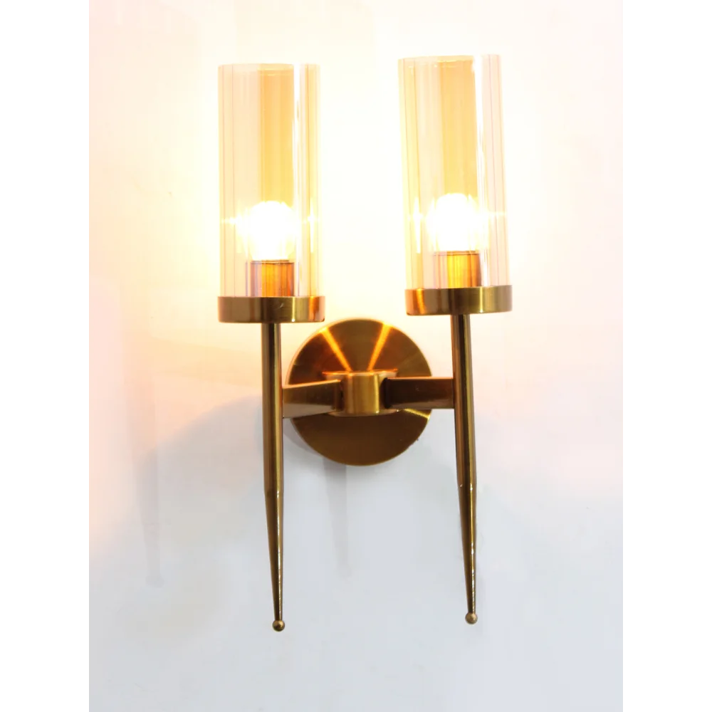 Modern Golden Finish Wall Light With Cylindrical Dual Arm Amber Color Glass Shades | SKE-140002/2 MGFW