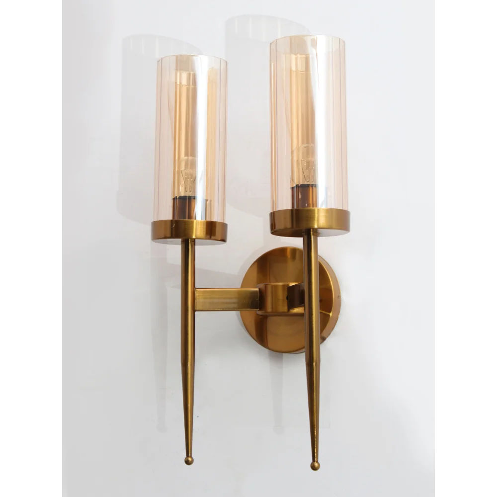 Modern Golden Finish Wall Light With Cylindrical Dual Arm Amber Color Glass Shades | SKE-140002/2 MGFW