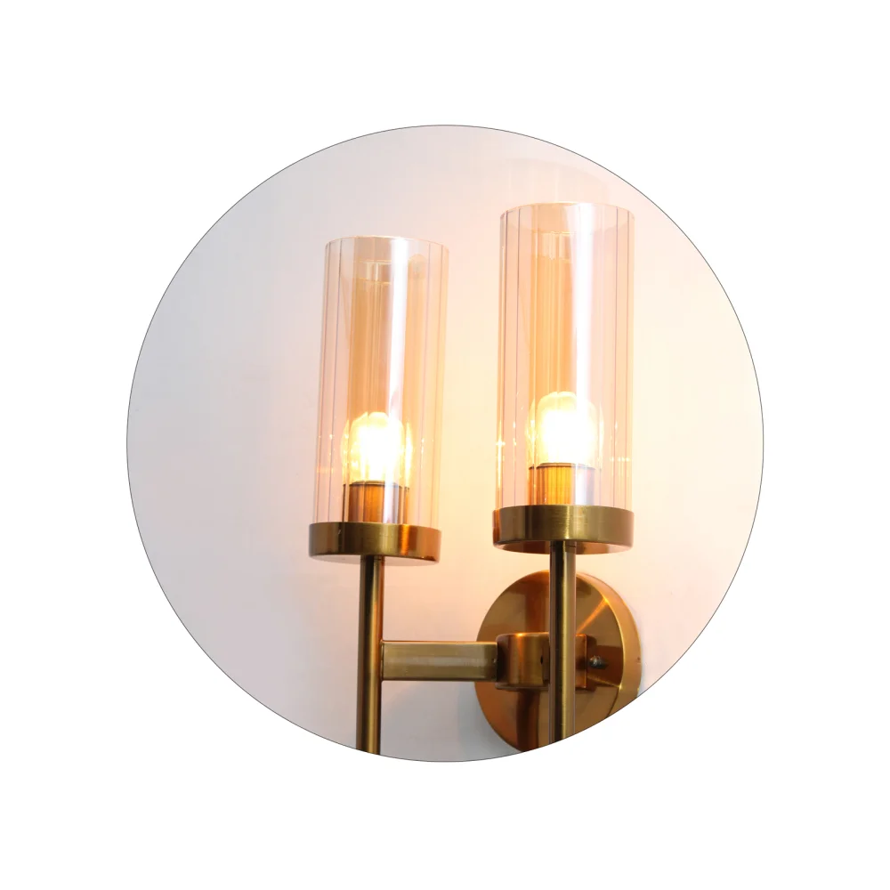 Modern Golden Finish Wall Light With Cylindrical Dual Arm Amber Color Glass Shades | SKE-140002/2 MGFW