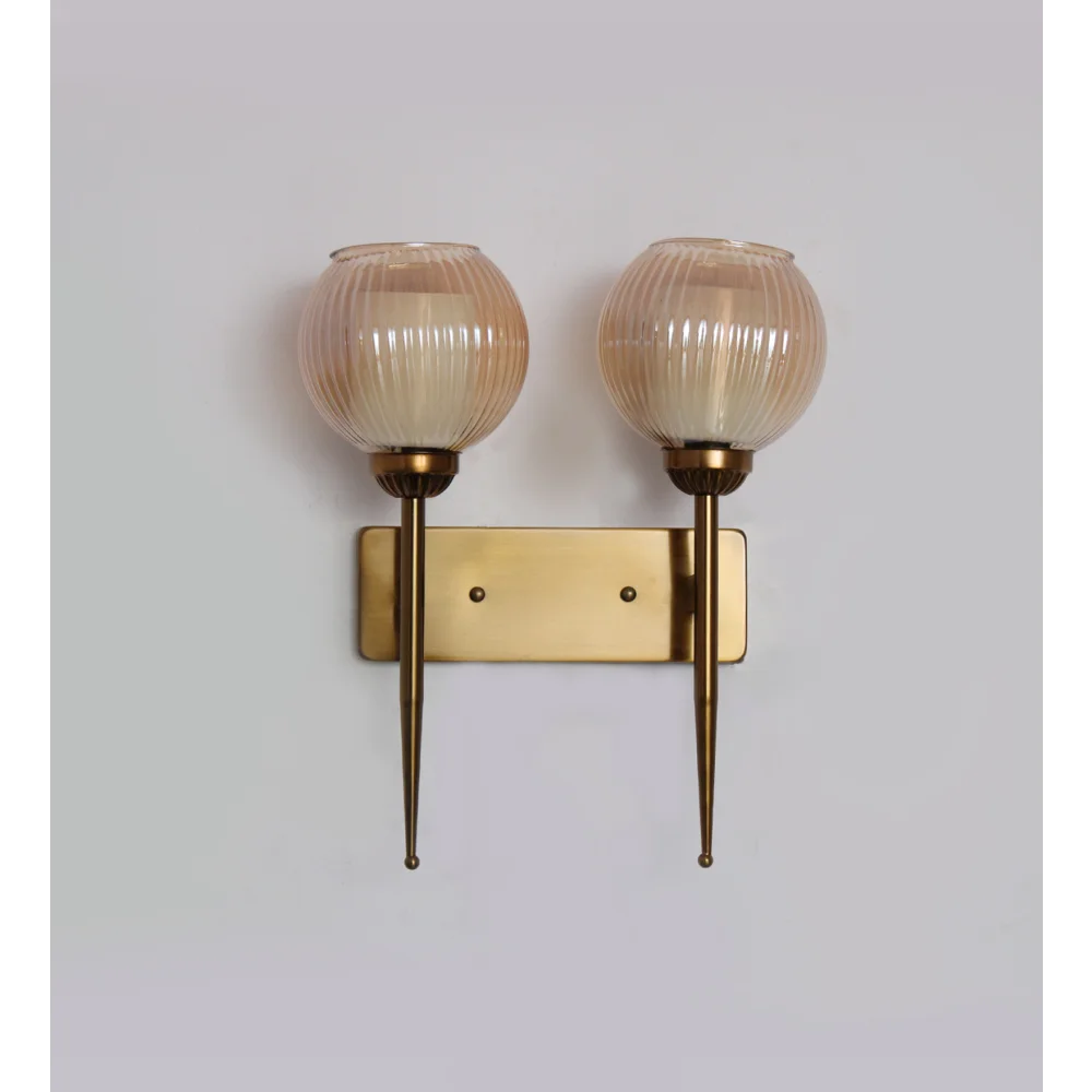 Antique Finish Double Arm Wall Light with Dual Ribbed Glass | SKE-140035/2 AFDA