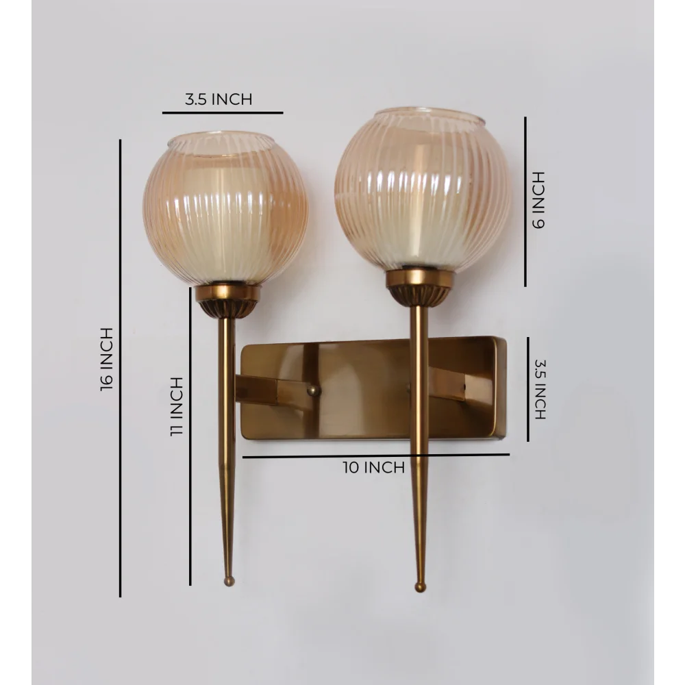Antique Finish Double Arm Wall Light with Dual Ribbed Glass | SKE-140035/2 AFDA