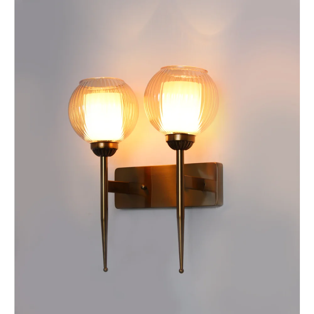 Antique Finish Double Arm Wall Light with Dual Ribbed Glass | SKE-140035/2 AFDA