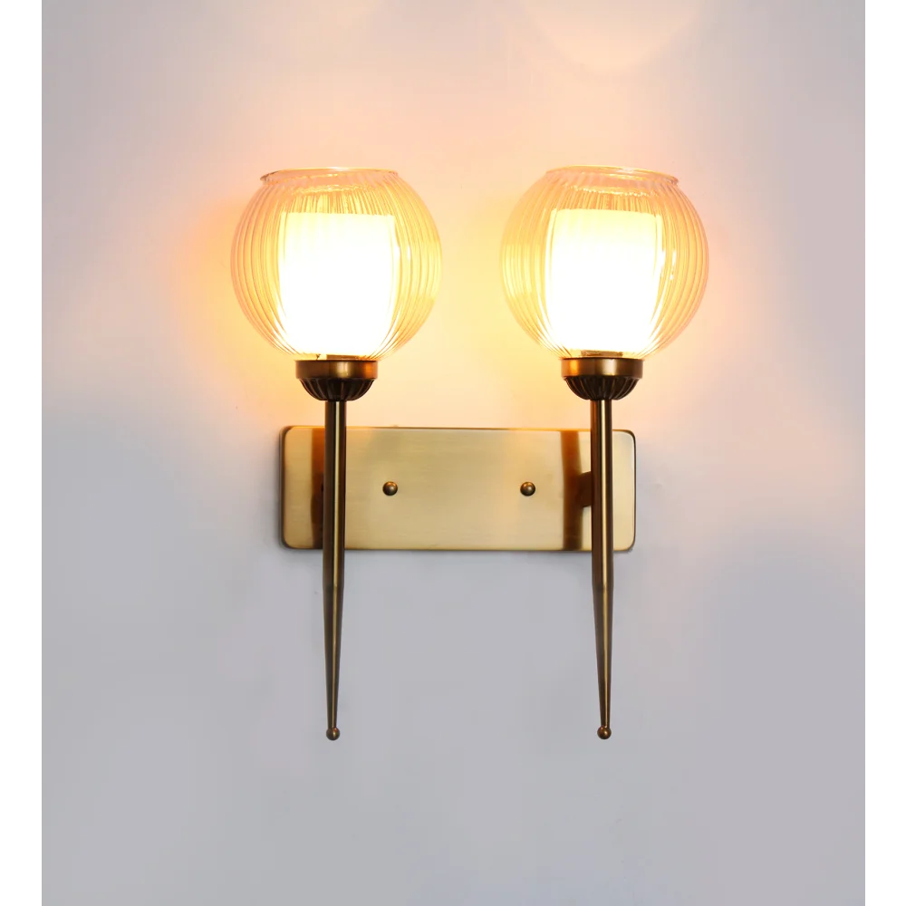 Antique Finish Double Arm Wall Light with Dual Ribbed Glass | SKE-140035/2 AFDA