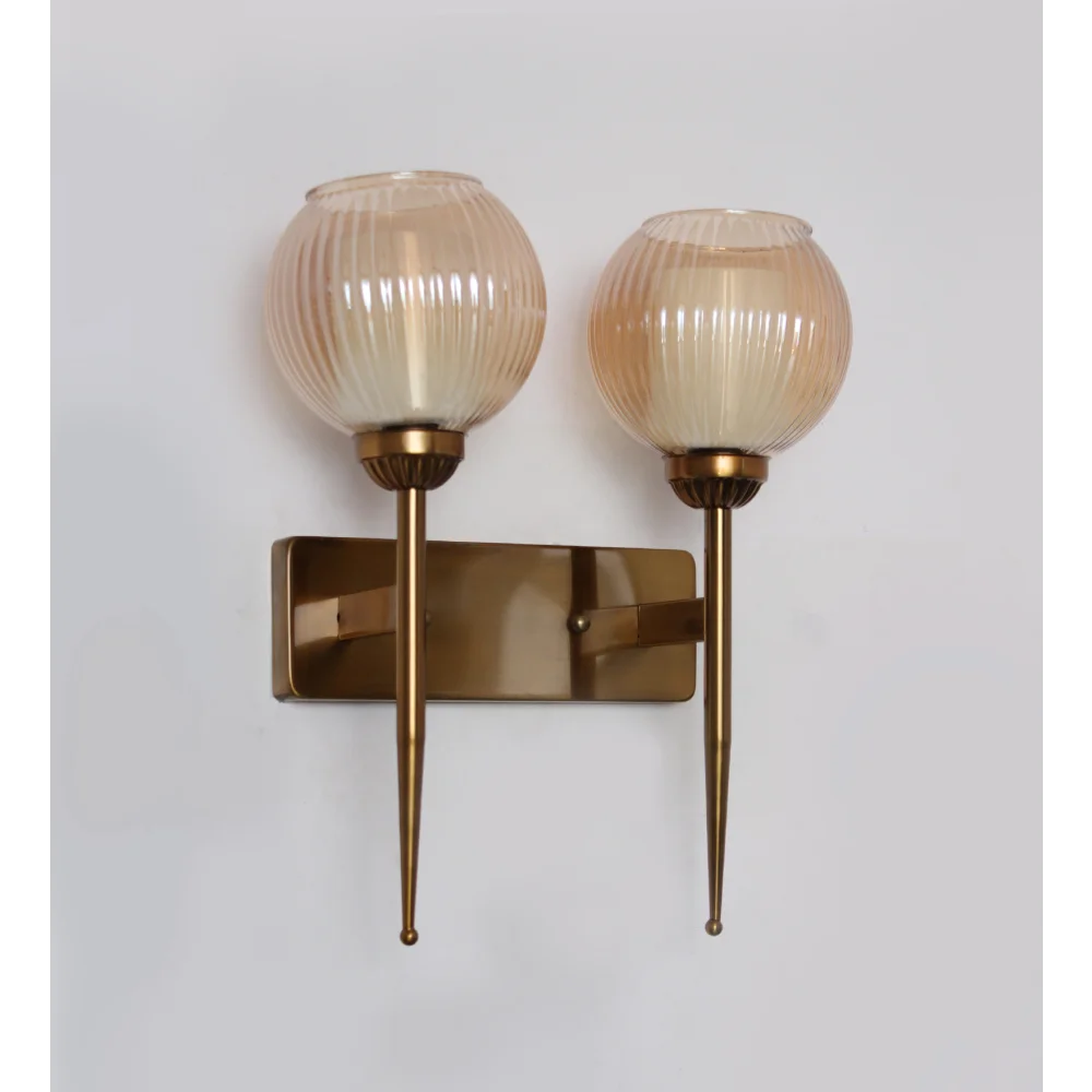 Antique Finish Double Arm Wall Light with Dual Ribbed Glass | SKE-140035/2 AFDA