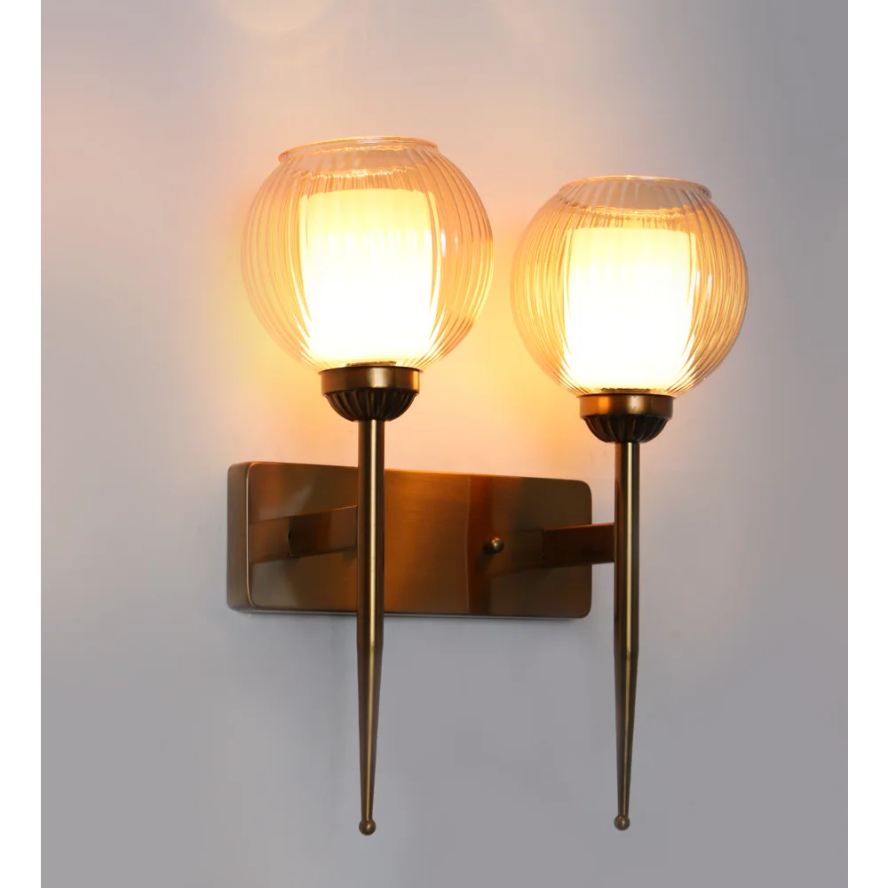 Antique Finish Double Arm Wall Light with Dual Ribbed Glass | SKE-140035/2 AFDA