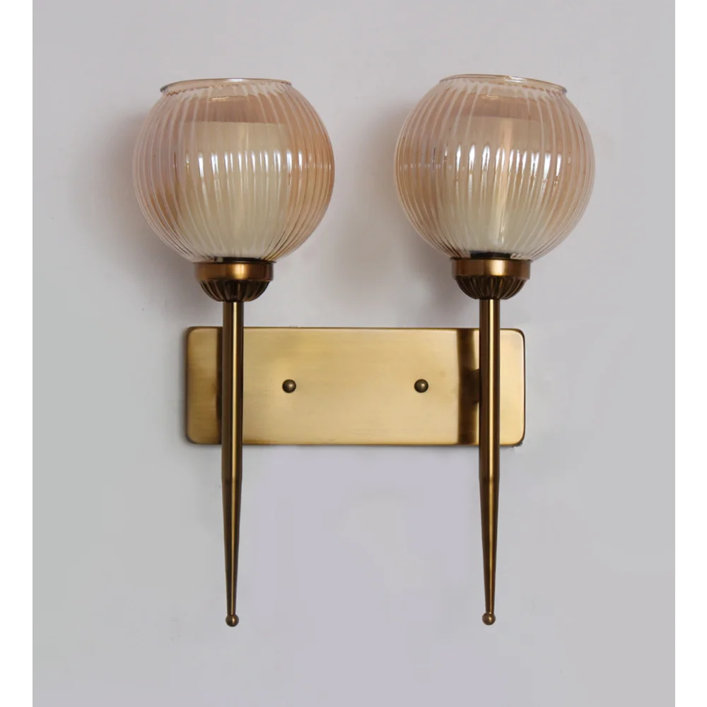 Antique Finish Double Arm Wall Light with Dual Ribbed Glass | SKE-140035/2 AFDA