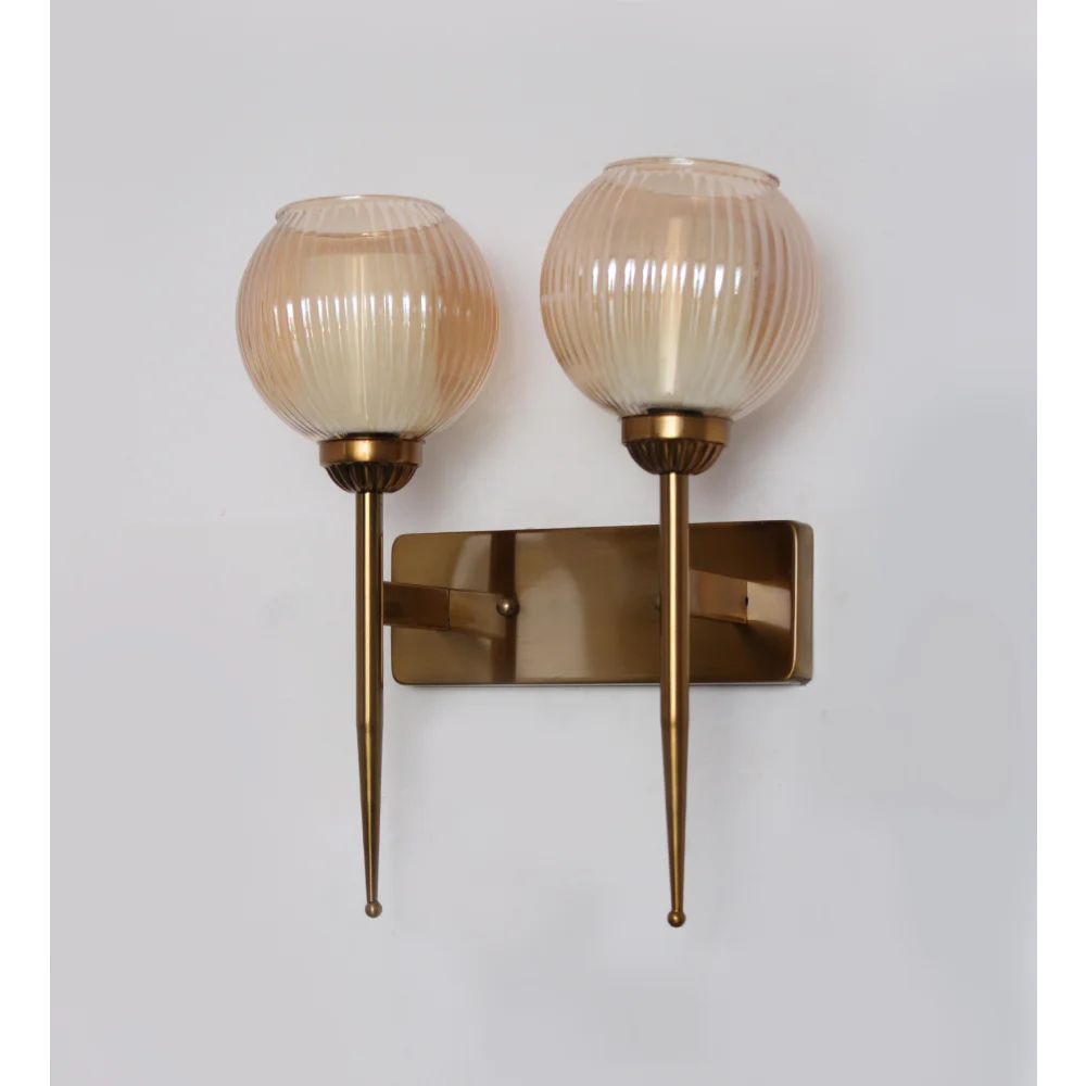 Antique Finish Double Arm Wall Light with Dual Ribbed Glass | SKE-140035/2 AFDA