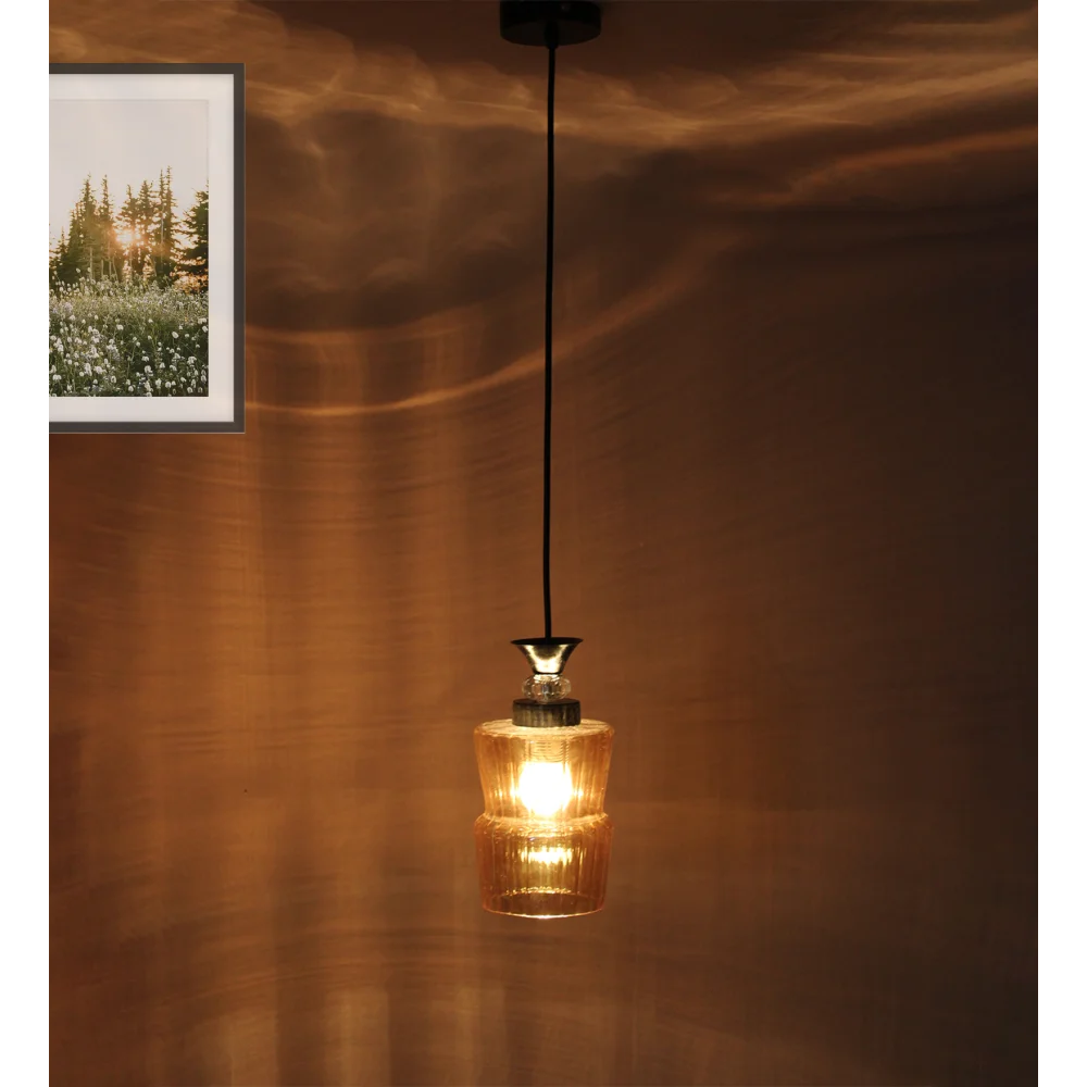 Fluted Amber Glass Pendant Light With Black Finish | SKE-170009_FABL