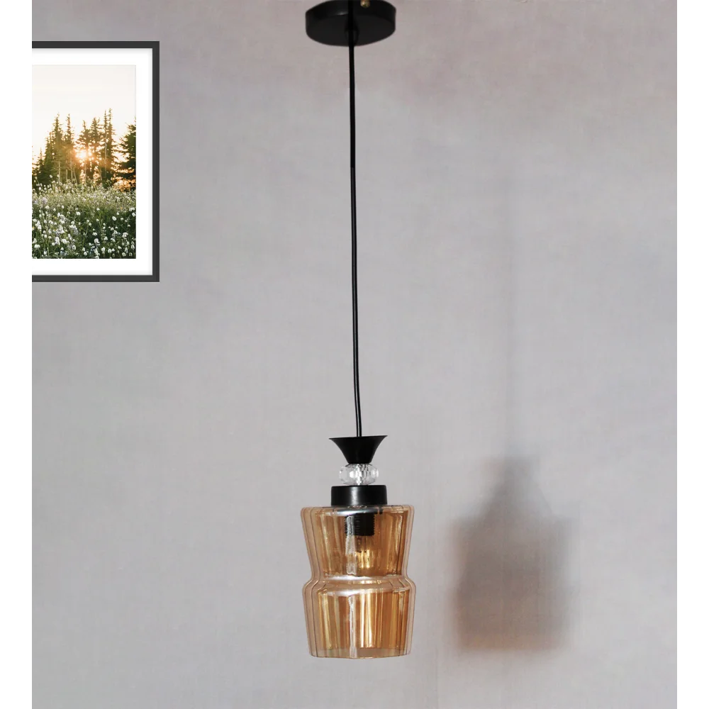 Fluted Amber Glass Pendant Light With Black Finish | SKE-170009_FABL