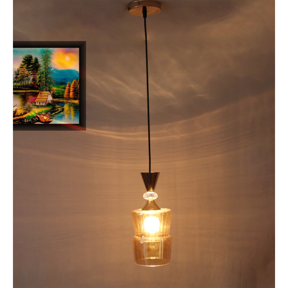 Ribbed Amber Glass Pendant Light Gold Finish |  SKE-170009_RGBL