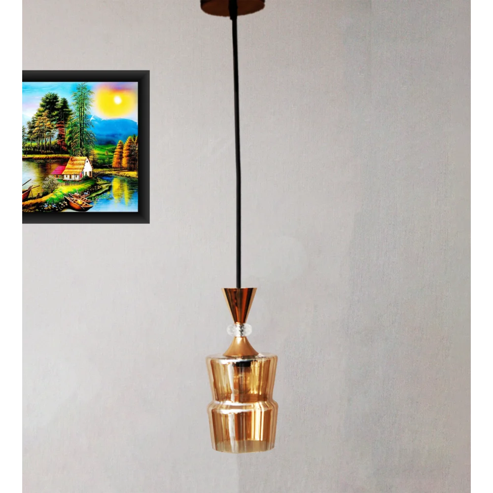 Ribbed Amber Glass Pendant Light Gold Finish |  SKE-170009_RGBL