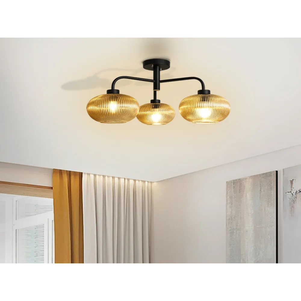Modern 3-Light Ribbed Glass Chandelier | SKE-210003_3 CH-Black