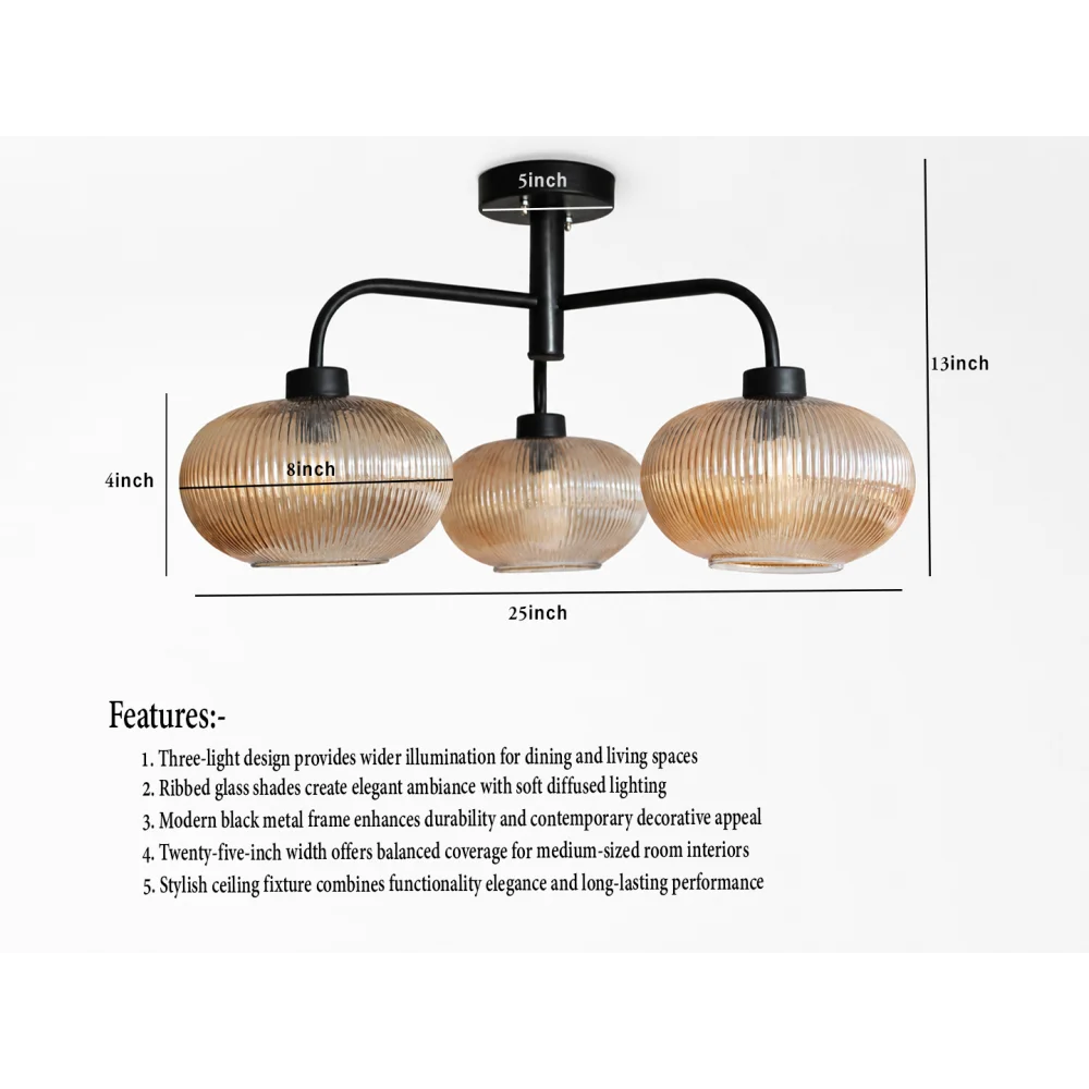 Modern 3-Light Ribbed Glass Chandelier | SKE-210003_3 CH-Black