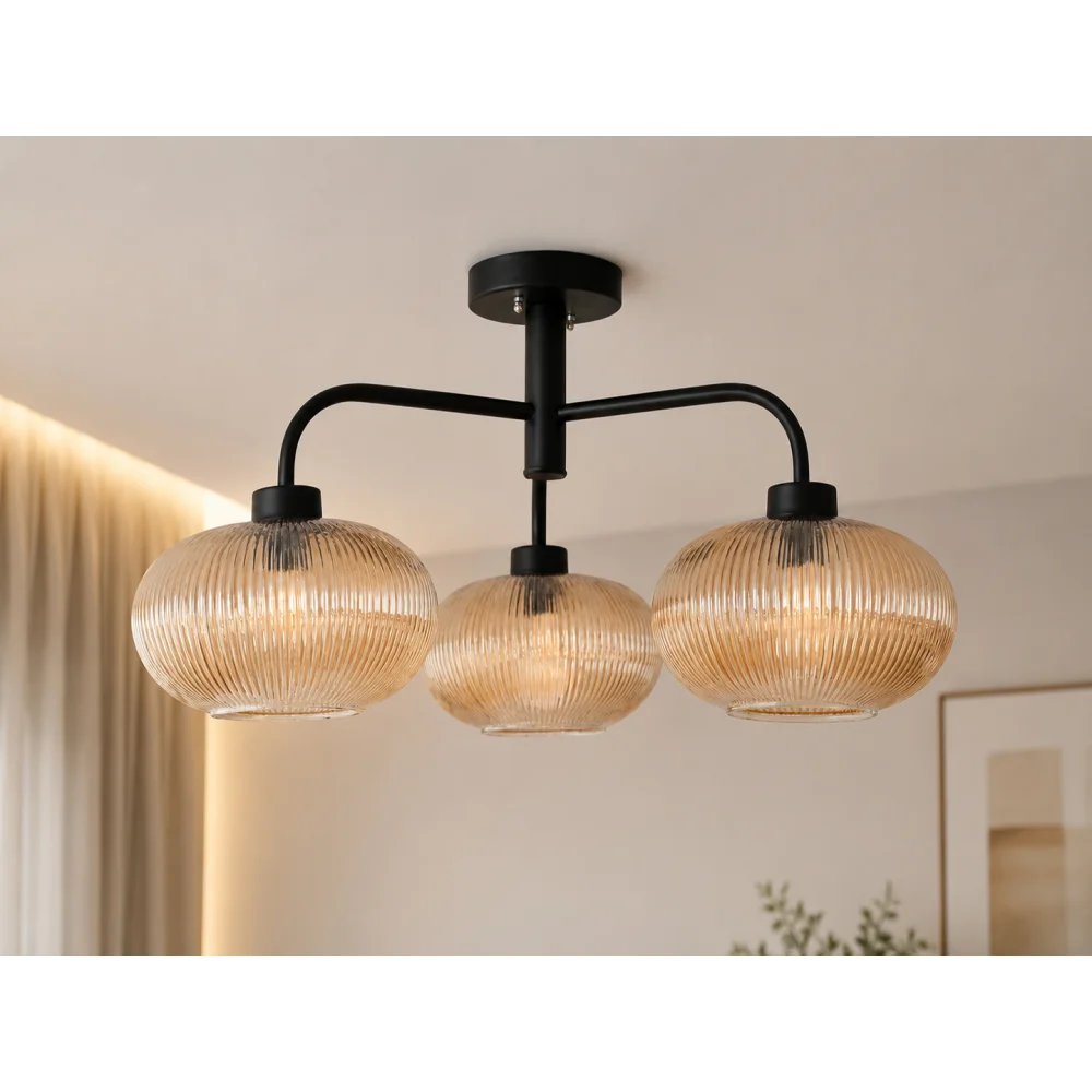 Modern 3-Light Ribbed Glass Chandelier | SKE-210003_3 CH-Black