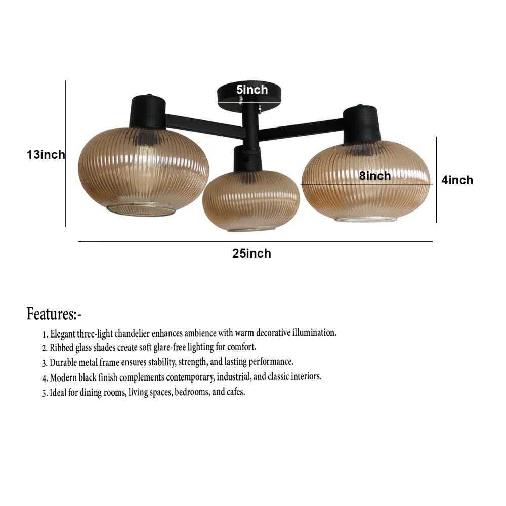 Solara 3-Light Ribbed Glass Chandelier | SKE-210002_3 CH-Black