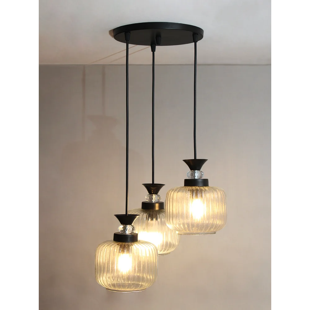 3-Light Clear Ribbed Glass Cluster Hanging Light | SKE-170010_LCRGCHL