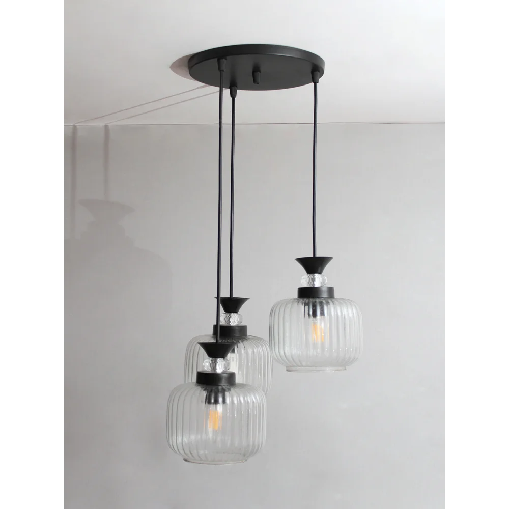 3-Light Clear Ribbed Glass Cluster Hanging Light | SKE-170010_LCRGCHL