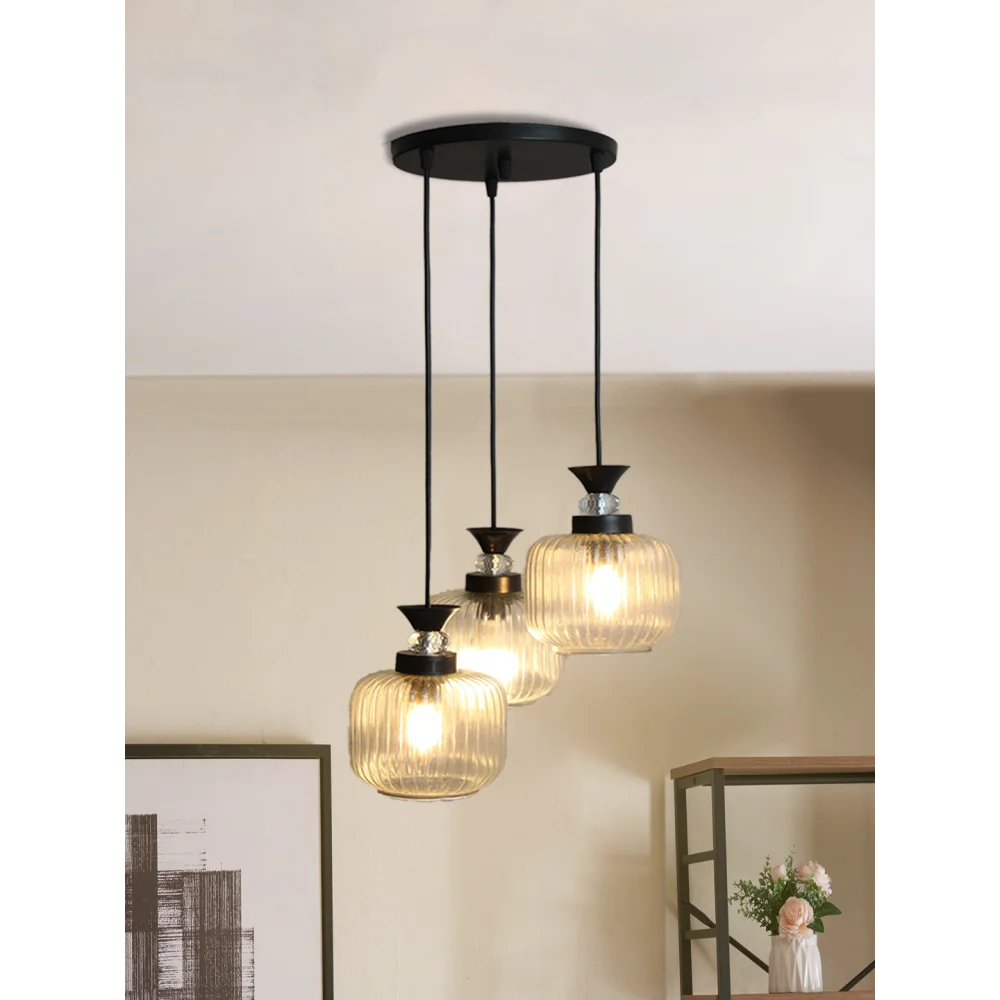 3-Light Clear Ribbed Glass Cluster Hanging Light | SKE-170010_LCRGCHL