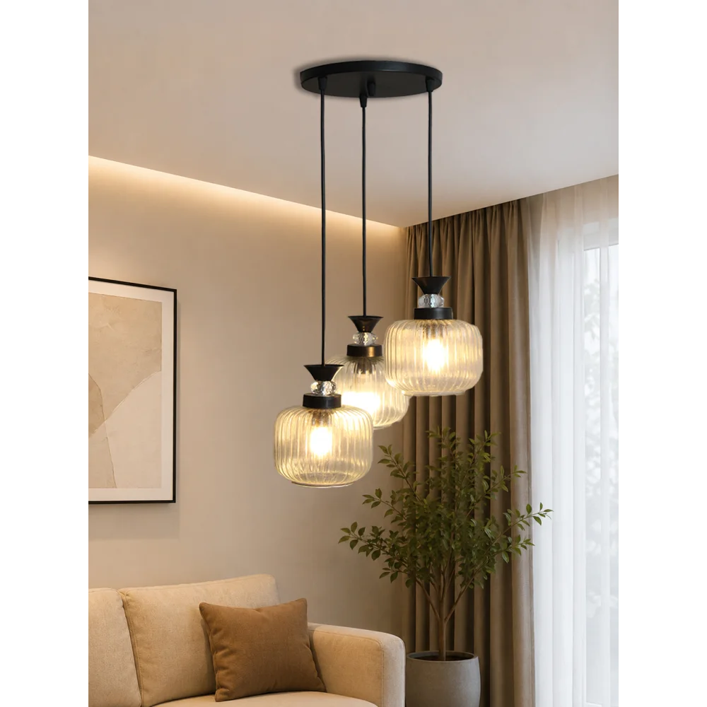 3-Light Clear Ribbed Glass Cluster Hanging Light | SKE-170010_LCRGCHL