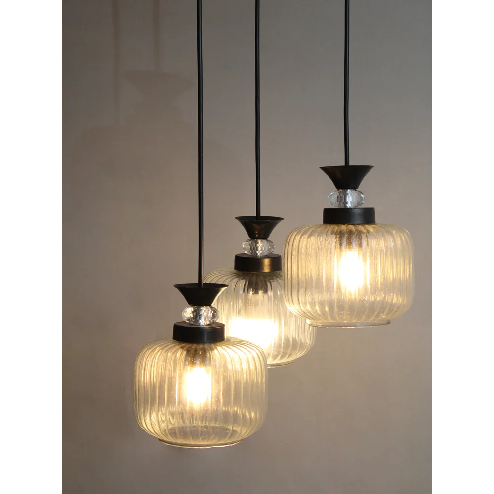 3-Light Clear Ribbed Glass Cluster Hanging Light | SKE-170010_LCRGCHL