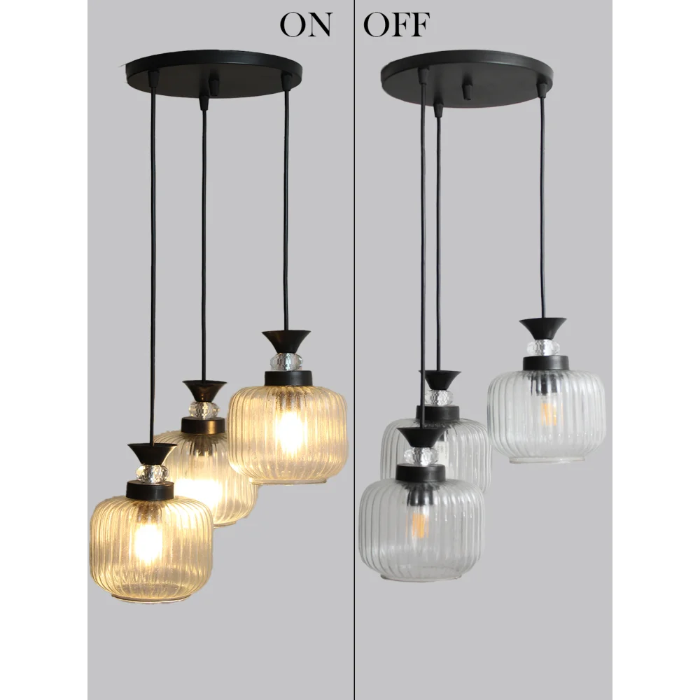 3-Light Clear Ribbed Glass Cluster Hanging Light | SKE-170010_LCRGCHL