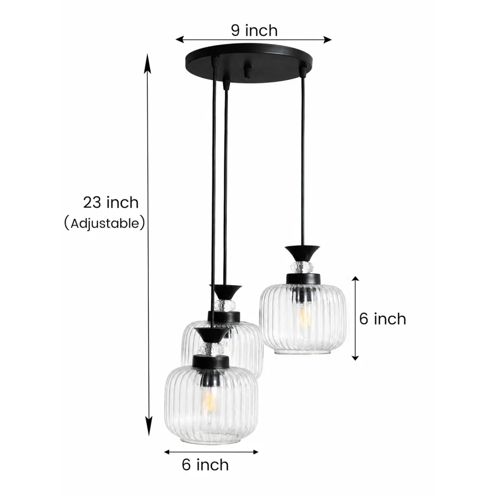 3-Light Clear Ribbed Glass Cluster Hanging Light | SKE-170010_LCRGCHL